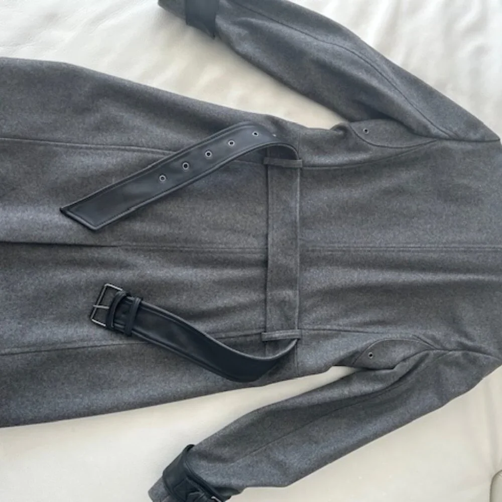 Kooples Grey Wool Blend Trench Coat with leather details - Picture 3 of 11